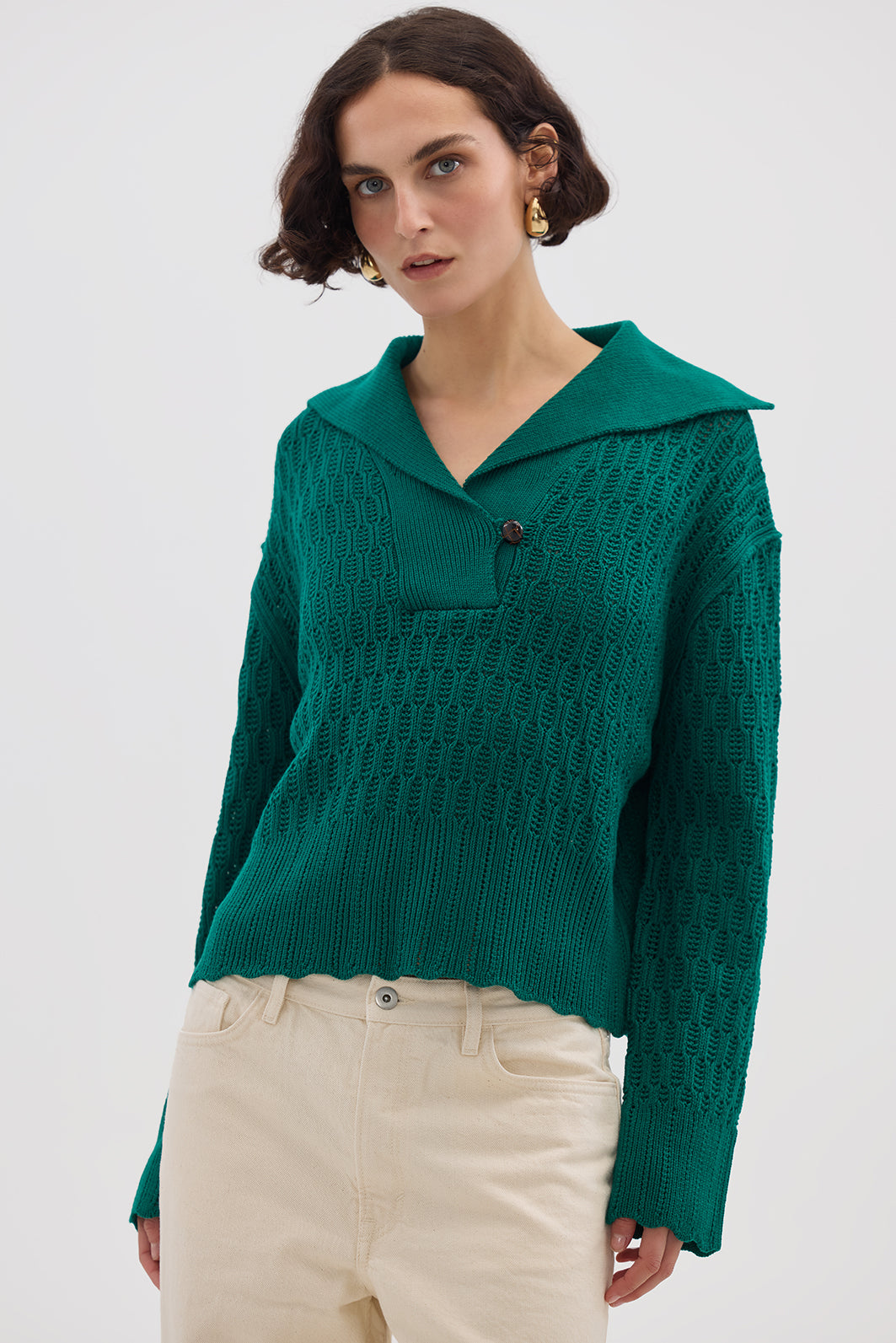 Iris & Wool - Corded Rib Sailor Collar Sweater - Emerald