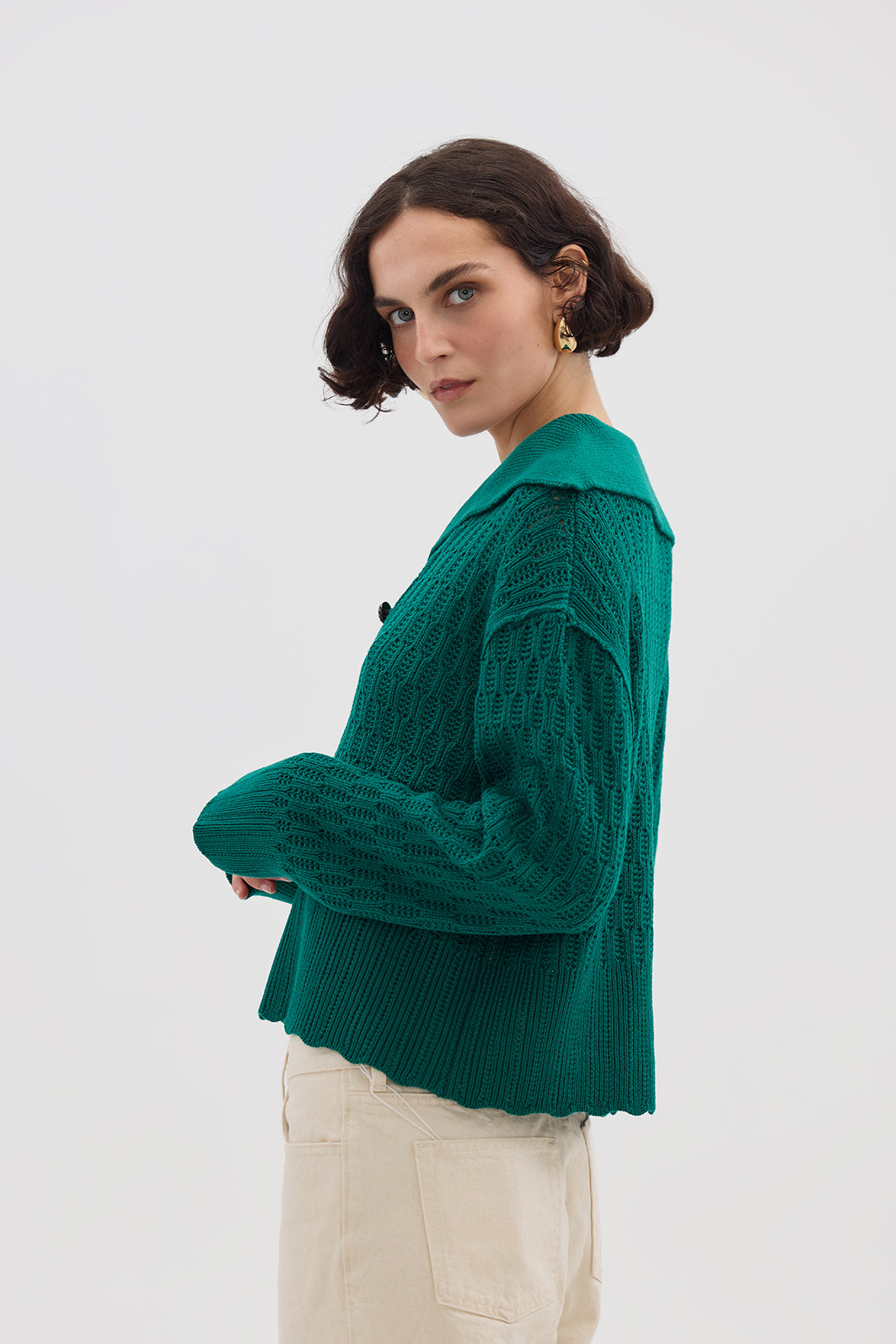 Iris & Wool - Corded Rib Sailor Collar Sweater - Emerald