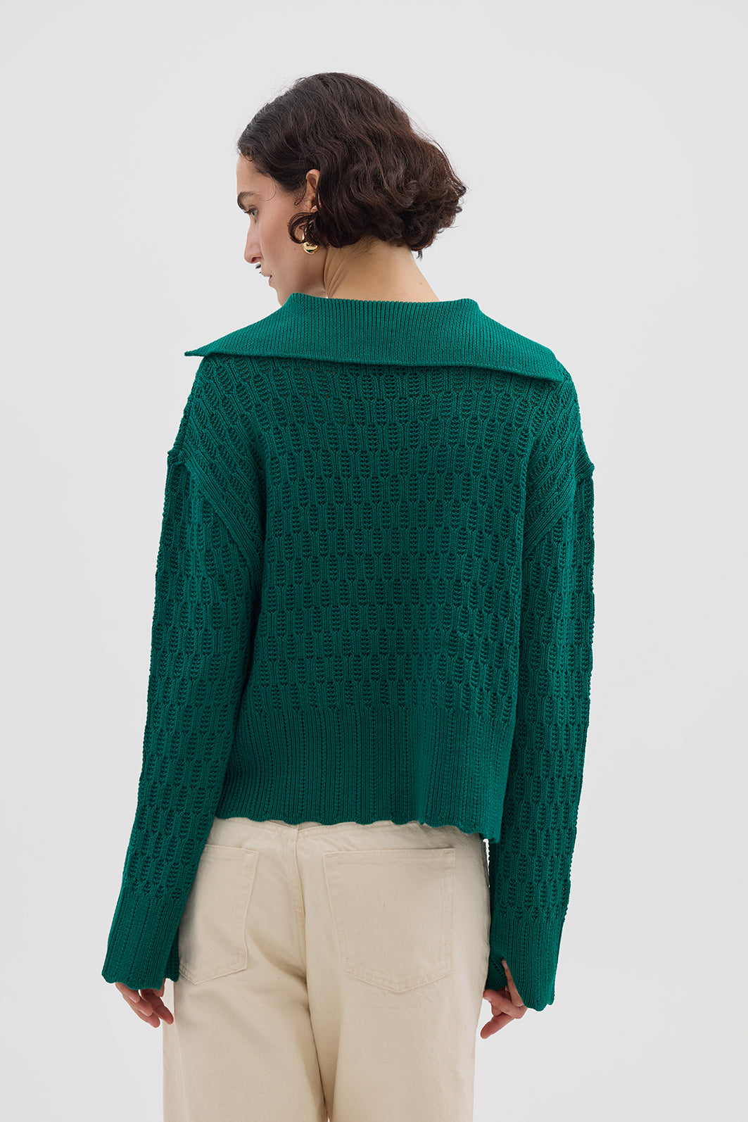 Iris & Wool - Corded Rib Sailor Collar Sweater - Emerald