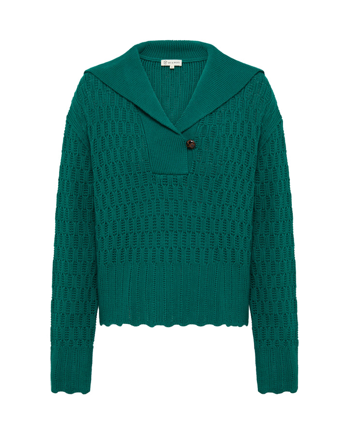 Iris & Wool - Corded Rib Sailor Collar Sweater - Emerald