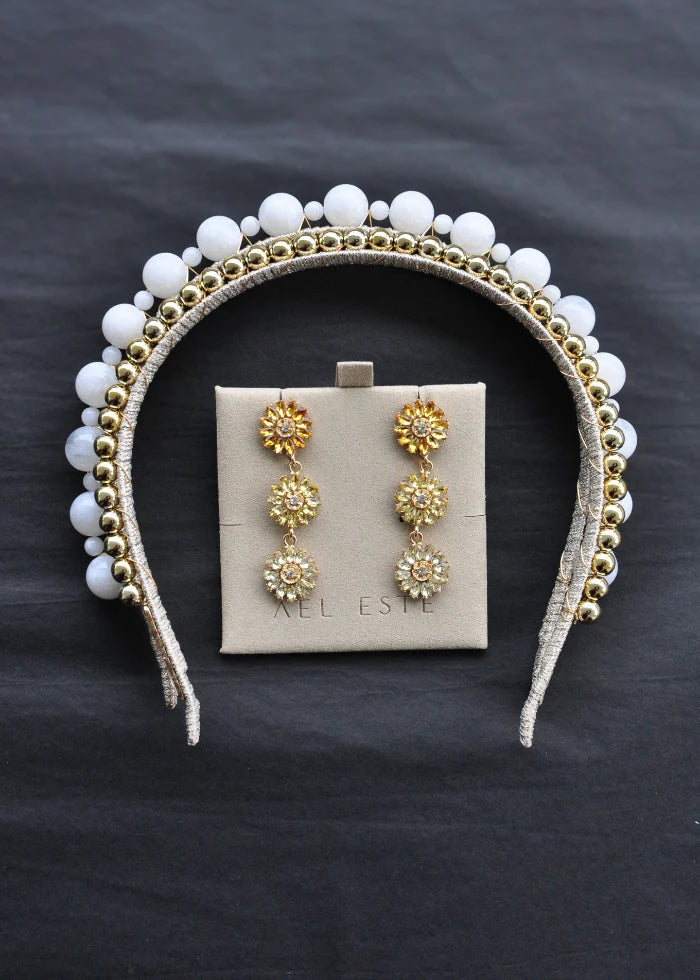 ÁEL ESTE - Aria + Aubrey Gold Headband + Sunset Multi Soriya Earring Set - White