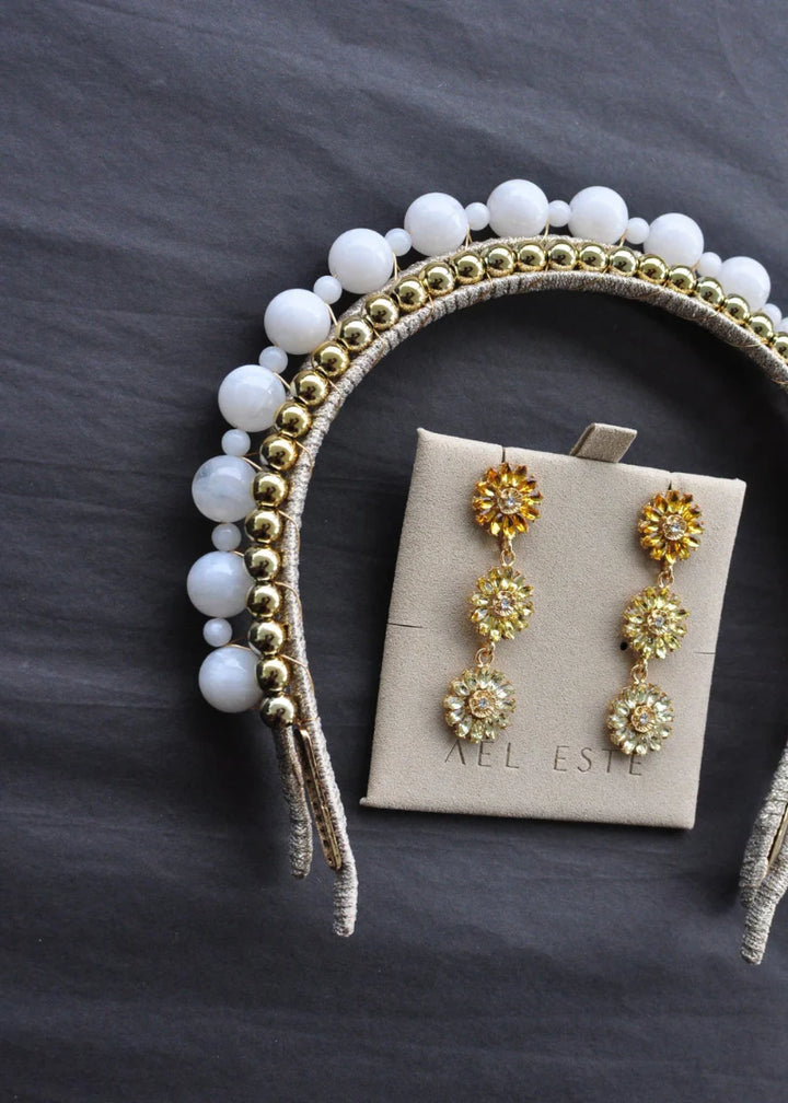 ÁEL ESTE - Aria + Aubrey Gold Headband + Sunset Multi Soriya Earring Set - White