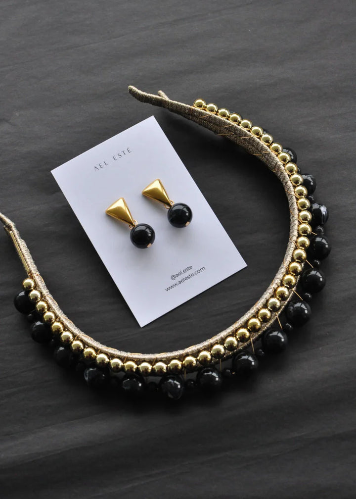 ÁEL ESTE - Aria + Aubrey Gold Headband + Black Aria Earrings Set - Black