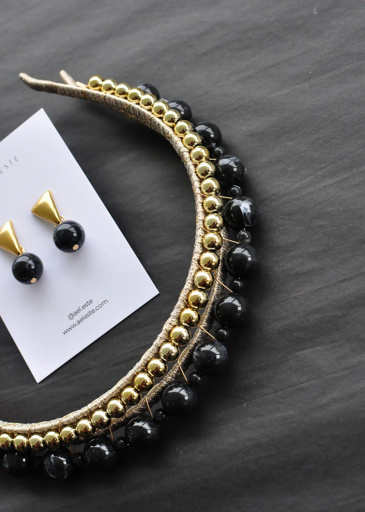 ÁEL ESTE - Aria + Aubrey Gold Headband + Black Aria Earrings Set - Black