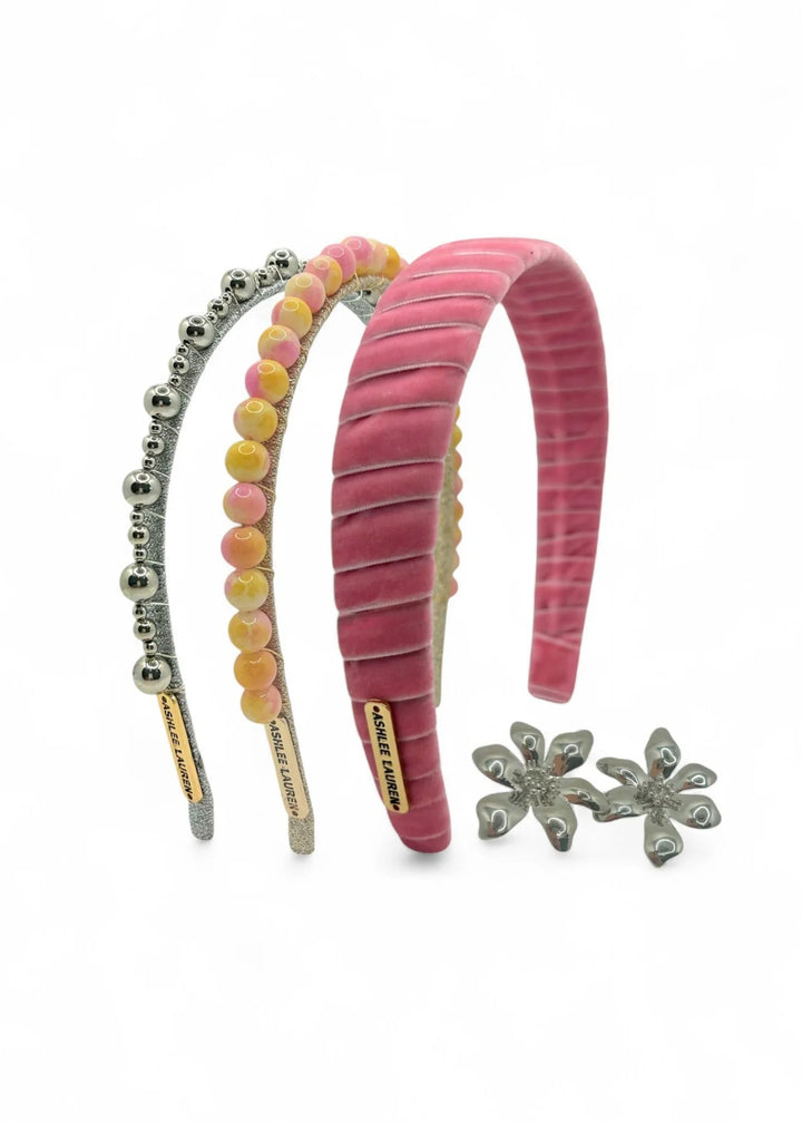 ÁEL ESTE - Hettie + Silver Lucy + Rose Aaliyah Headbands + Zara Earrings - Pink & Yellow