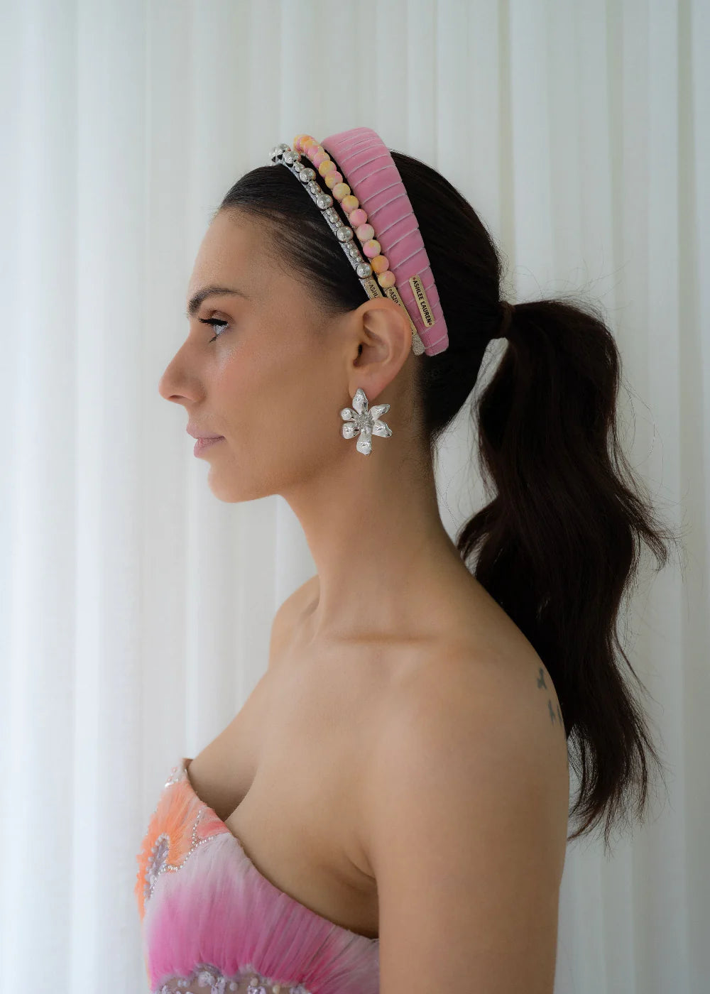 ÁEL ESTE - Hettie + Silver Lucy + Rose Aaliyah Headbands + Zara Earrings - Pink & Yellow