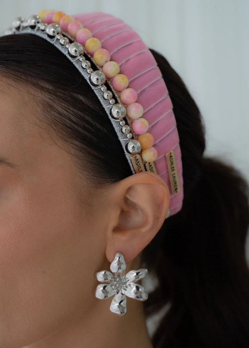 ÁEL ESTE - Hettie + Silver Lucy + Rose Aaliyah Headbands + Zara Earrings - Pink & Yellow