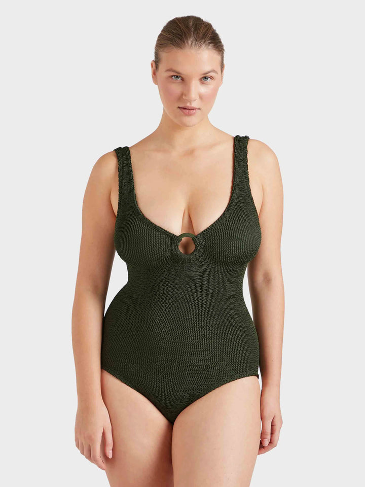 Hunza G Coverage Celine Swim With Tonal Hoops Metallic Khaki