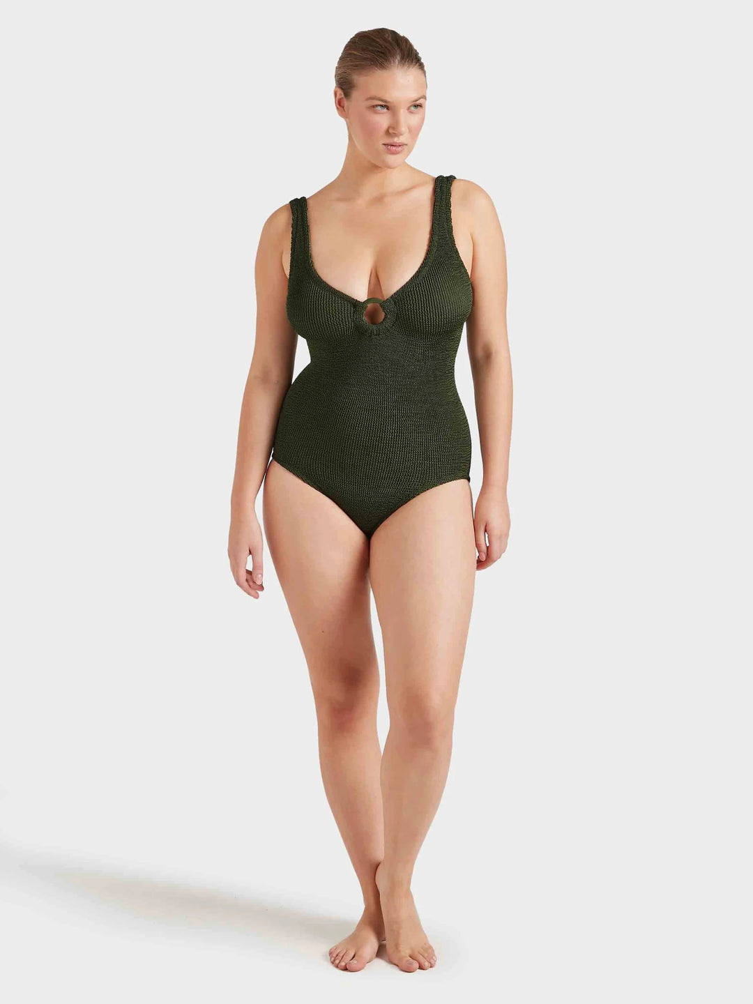 Hunza G Coverage Celine Swim With Tonal Hoops Metallic Khaki