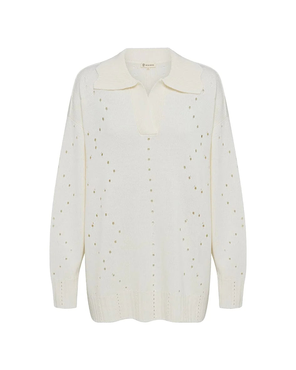 Iris & Wool Pointelle Pattern Oversized Polo Sweater Cream