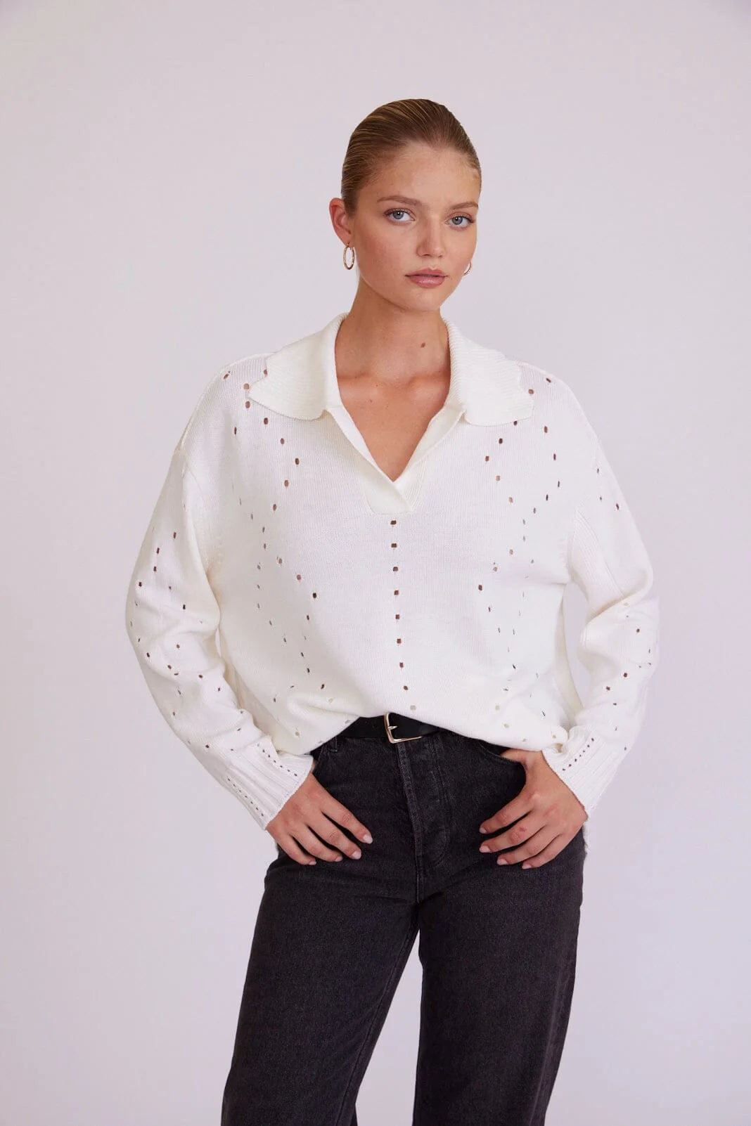 Iris & Wool Pointelle Pattern Oversized Polo Sweater Cream