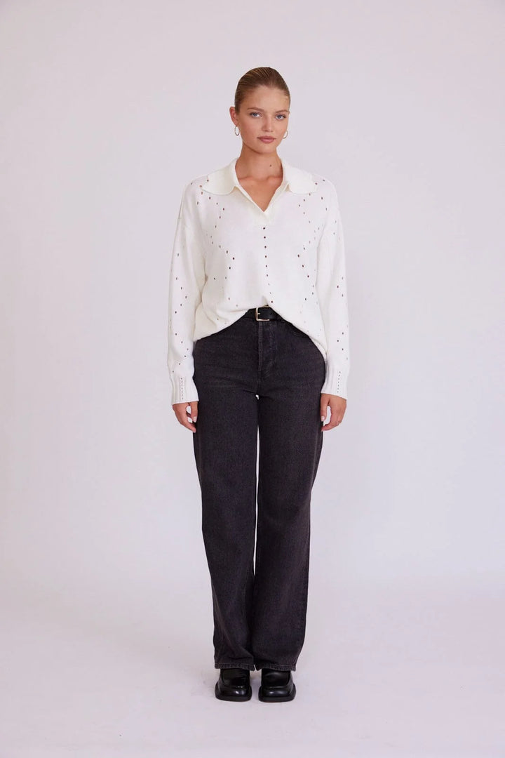 Iris & Wool Pointelle Pattern Oversized Polo Sweater Cream