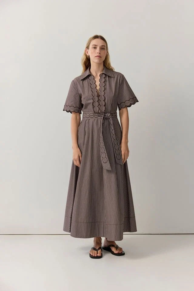 Iris & Wool Poplin Stripe Scallop Trim Shirt Dress Chocolate/White