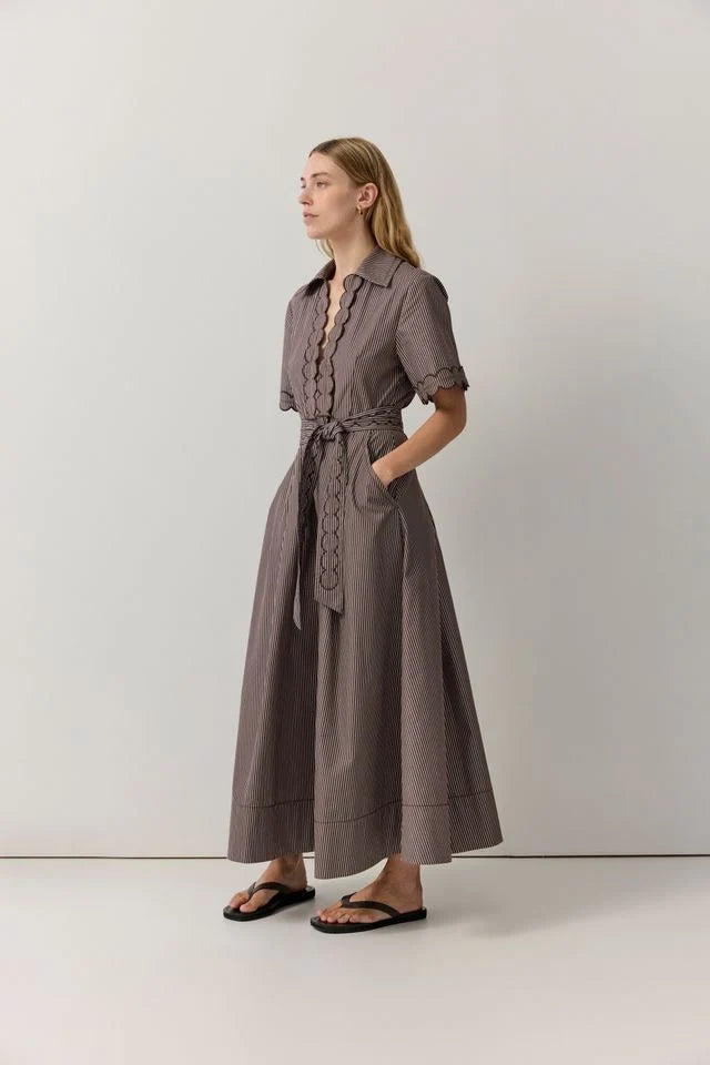 Iris & Wool Poplin Stripe Scallop Trim Shirt Dress Chocolate/White