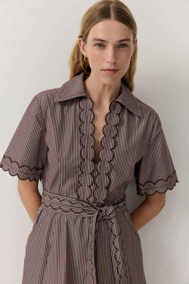 Iris & Wool Poplin Stripe Scallop Trim Shirt Dress Chocolate/White