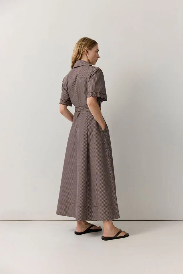 Iris & Wool Poplin Stripe Scallop Trim Shirt Dress Chocolate/White